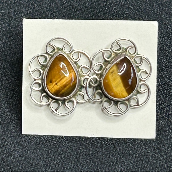 Teardrop Shaped Tigers Eye Pierced Earrings with Scrolling Stamped 925 Silver - Picture 3 of 9